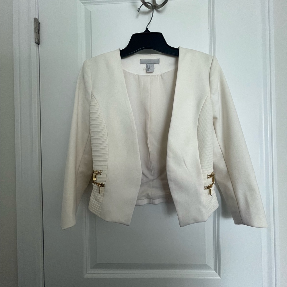 H&M White Cropped Blazer with Gold Zippers